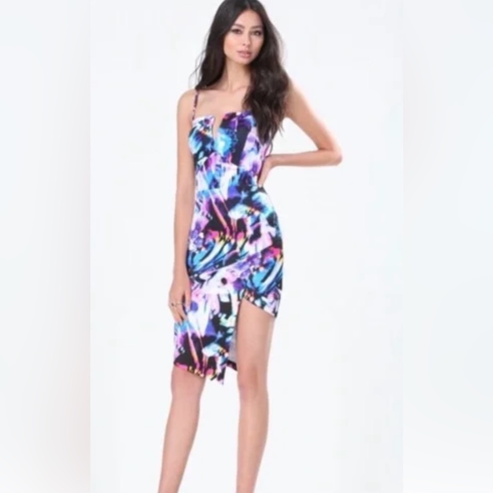 Bebe White and Blue Asymmetrical Bodycon Dress